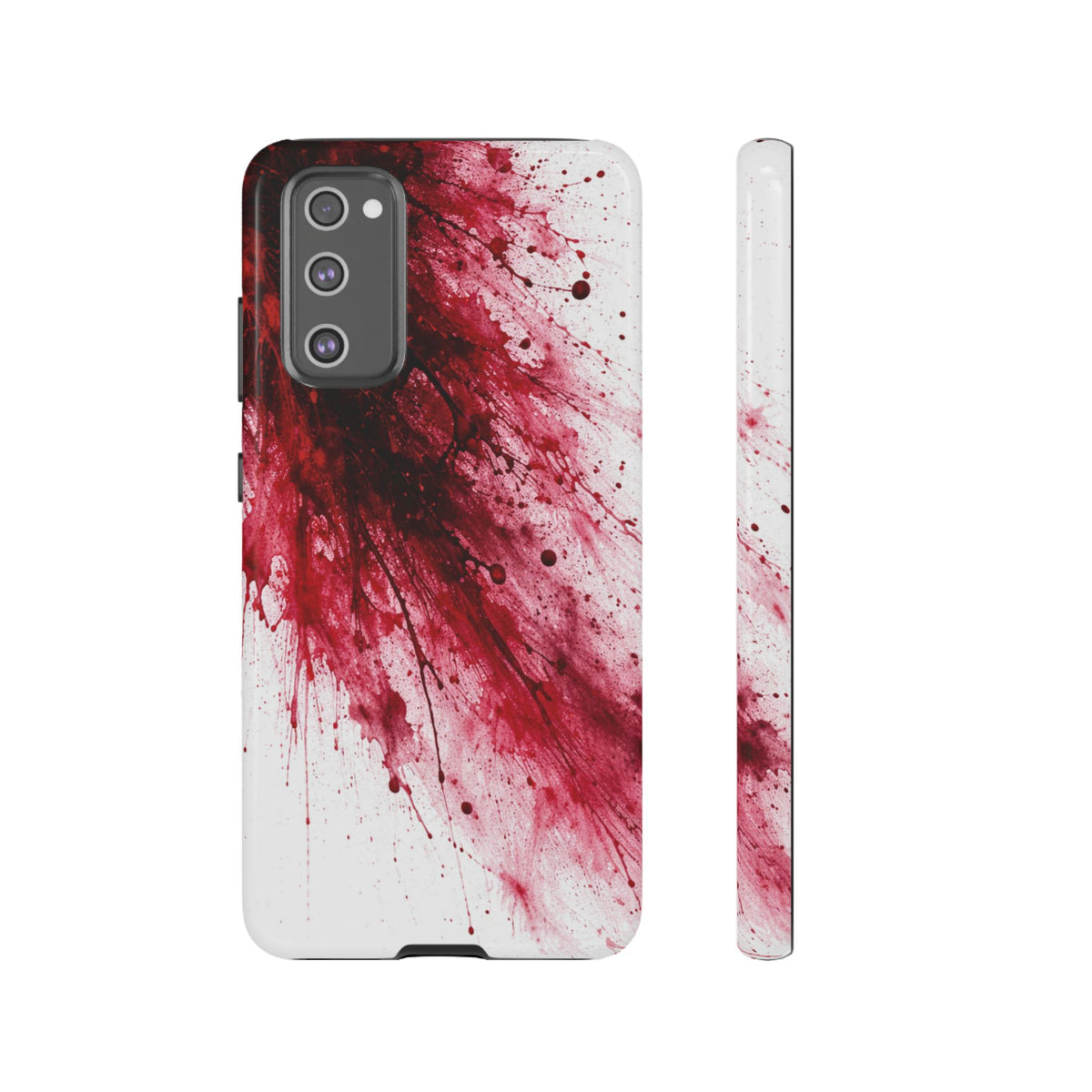 Phone case with red and black abstract design on a white background