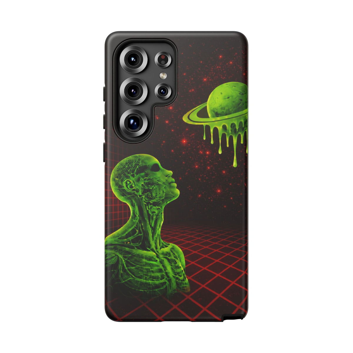 Glowing green anatomical bust gazing up at a dripping Saturn-like planet over a red grid and star-speckled space background on a black phone case.