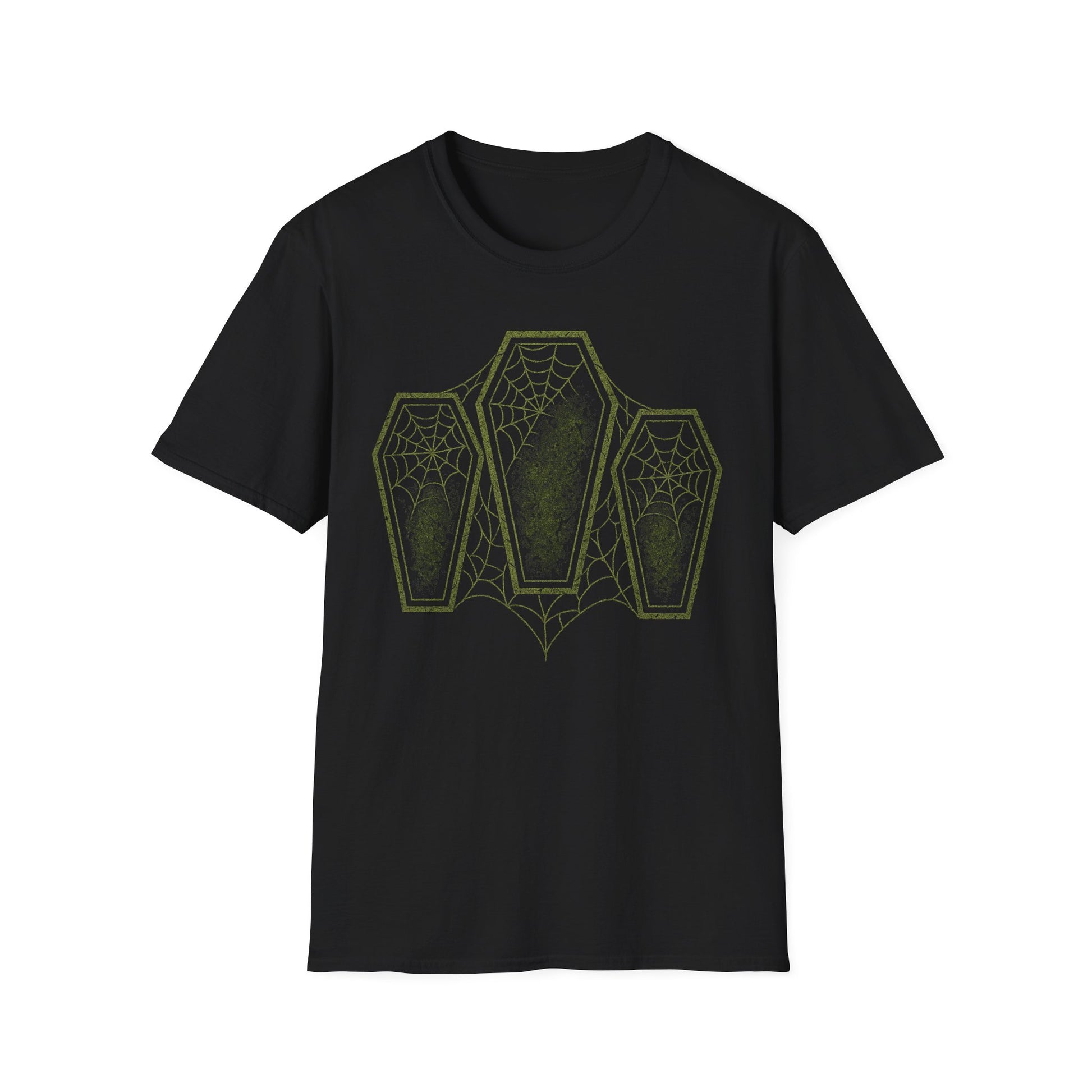 Black Gildan Softstyle t-shirt with a neon green graphic of three web-covered coffins stacked vertically on the front — gothic and symmetrical horror design by NecroGrip.