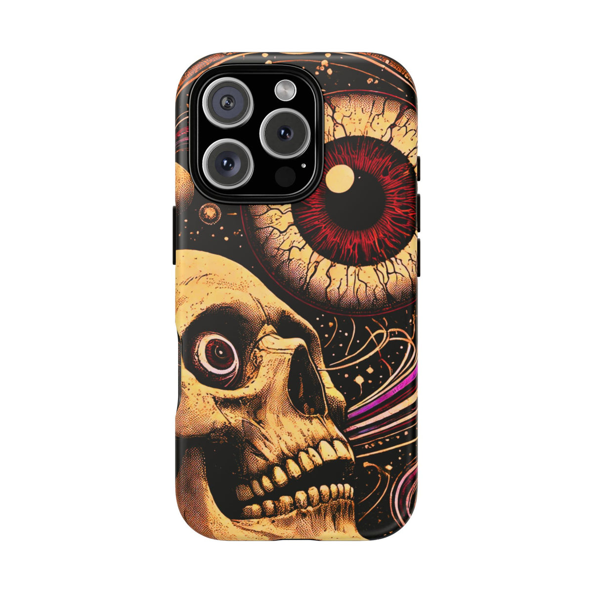 Impact-resistant tough phone case featuring a dark cosmic skull and eye design on a durable dual-layer shell by NecroGrip.