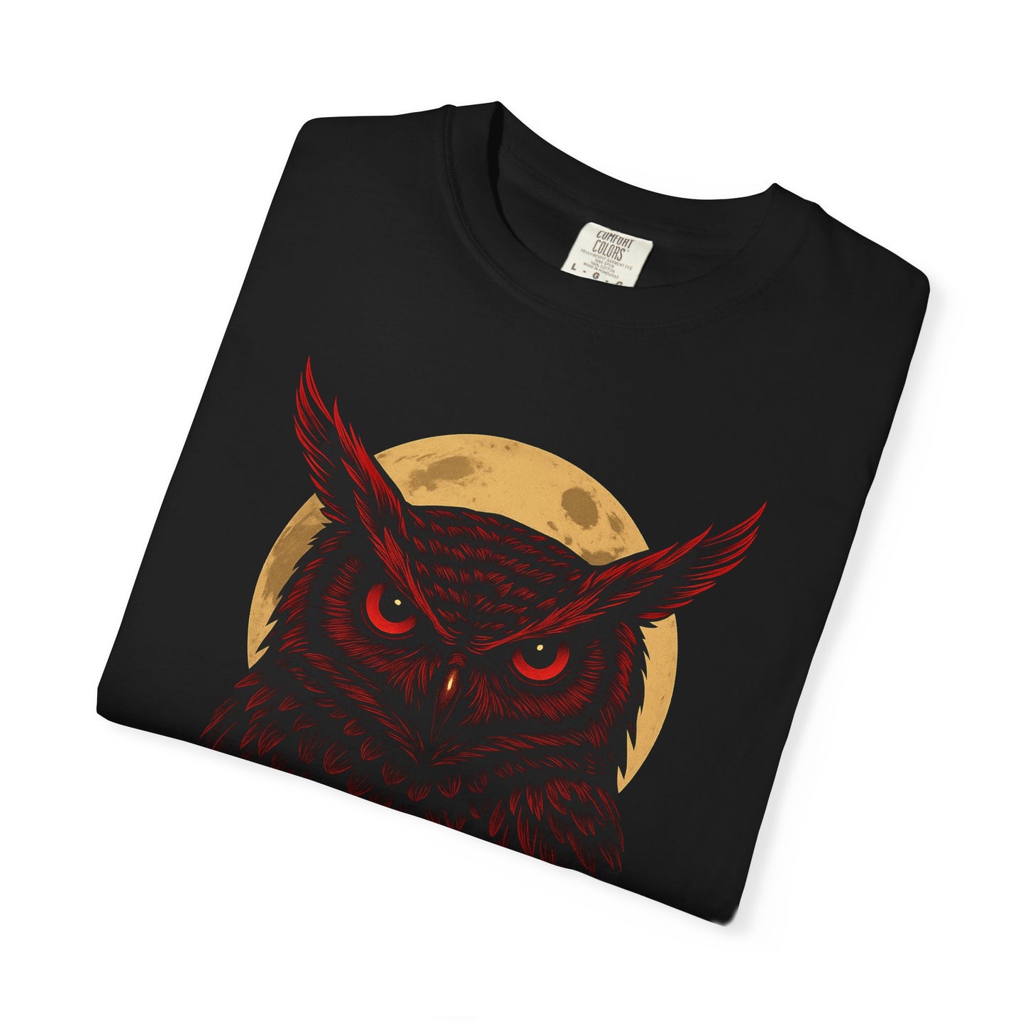 Night Flight t-shirt by NecroGrip - Comfort Colors black tee featuring a red-eyed owl in flight, gothic dark apparel