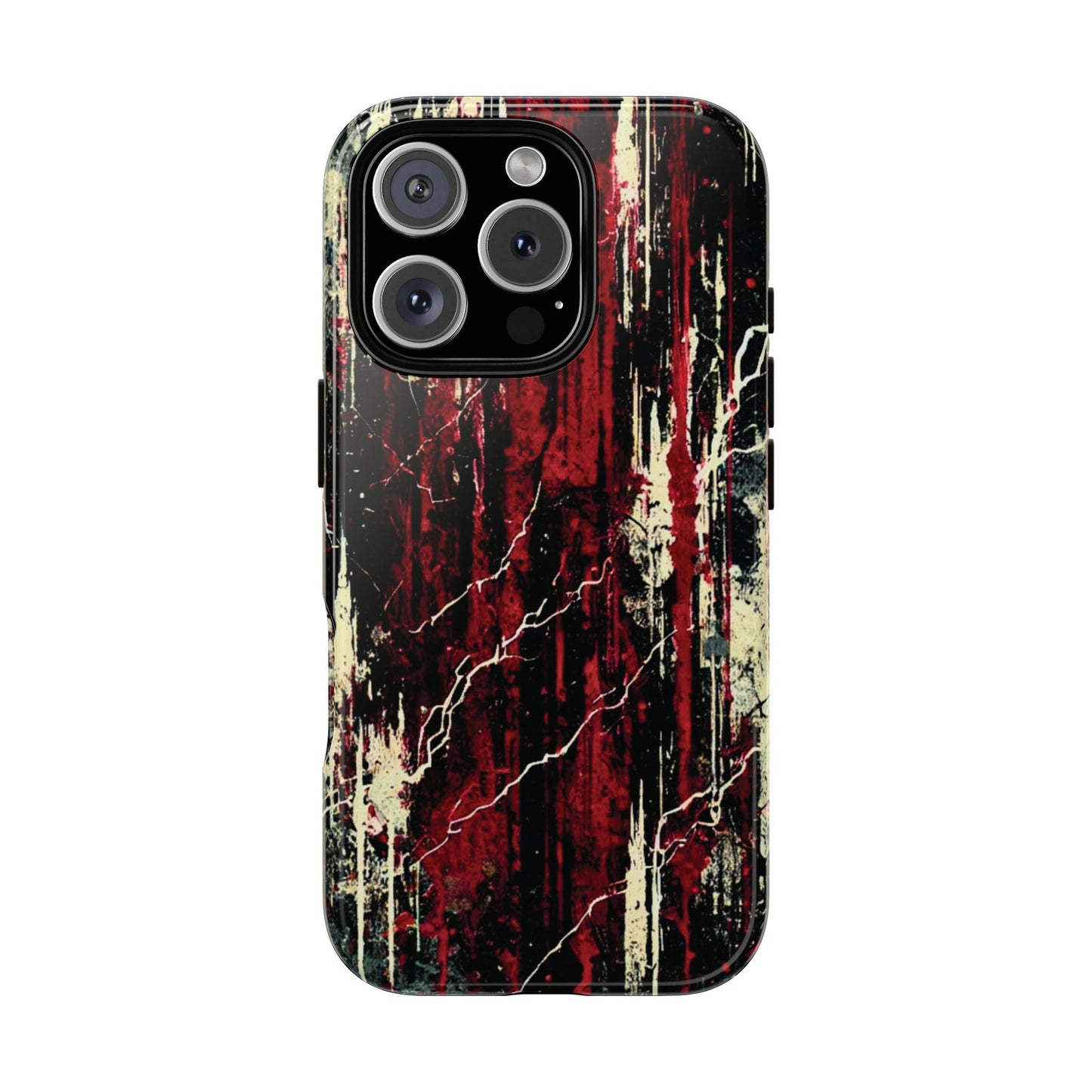 Corrosive impact-resistant phone case with distressed red, black, and bone-white design for iPhone, Samsung, and Google Pixel by NecroGrip.