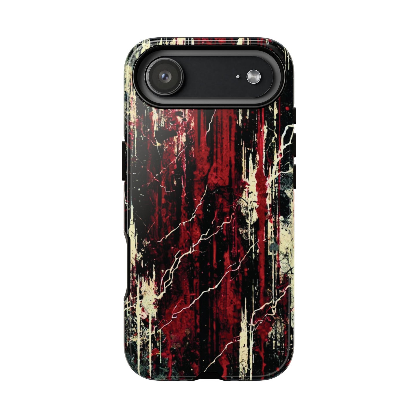 Corrosive impact-resistant phone case with distressed red, black, and bone-white design for iPhone, Samsung, and Google Pixel by NecroGrip.