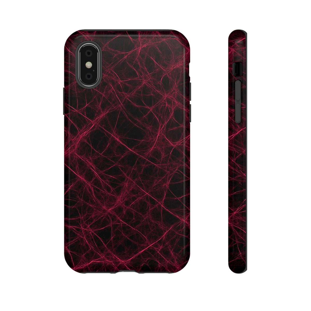 Crimson Synapse abstract pattern of tangled red filaments on a black background, resembling a glowing neural network.