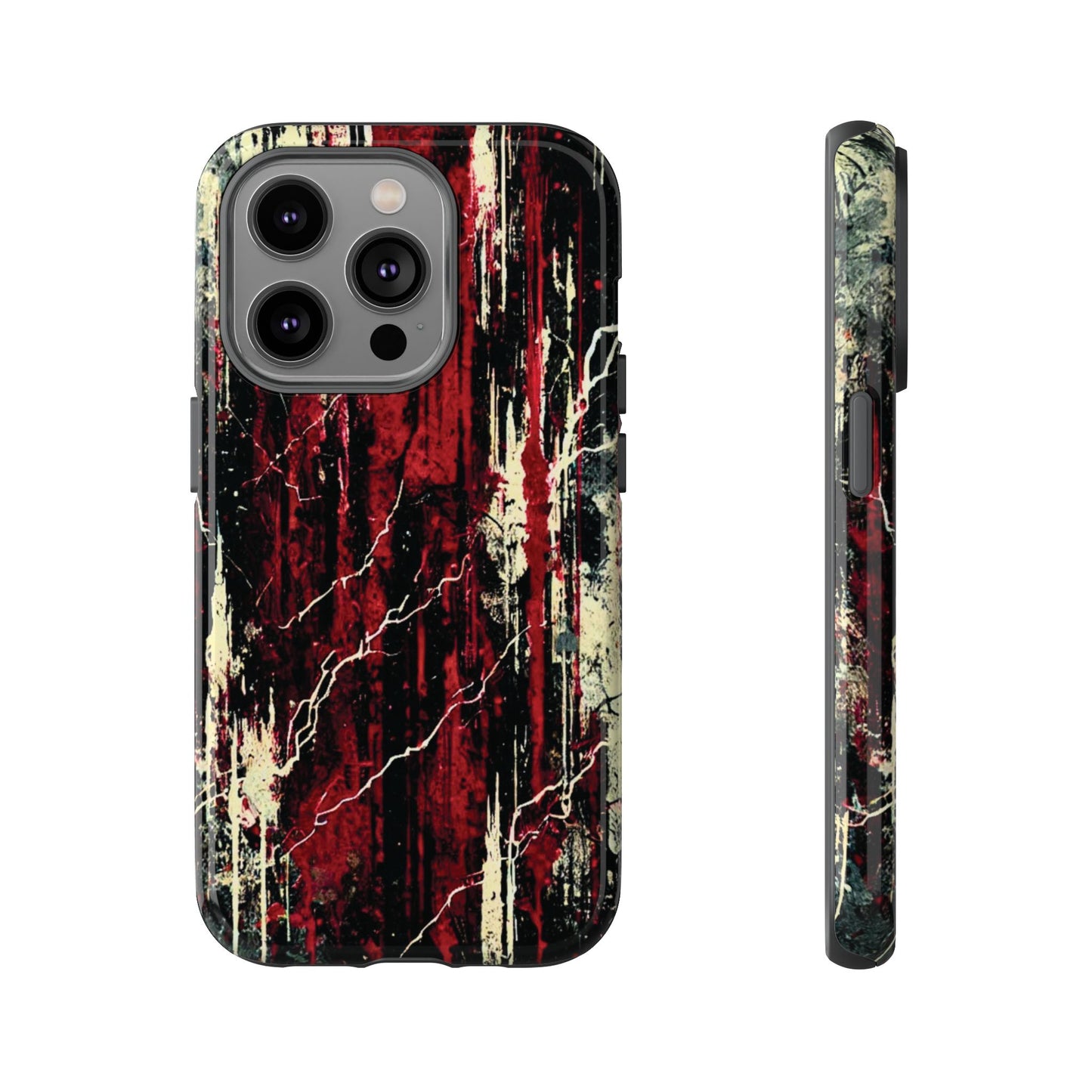 Corrosive impact-resistant phone case with distressed red, black, and bone-white design for iPhone, Samsung, and Google Pixel by NecroGrip.