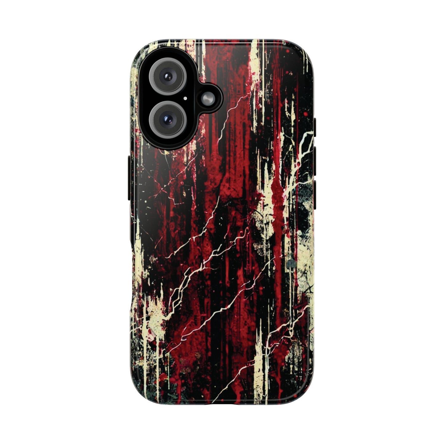 Corrosive impact-resistant phone case with distressed red, black, and bone-white design for iPhone, Samsung, and Google Pixel by NecroGrip.