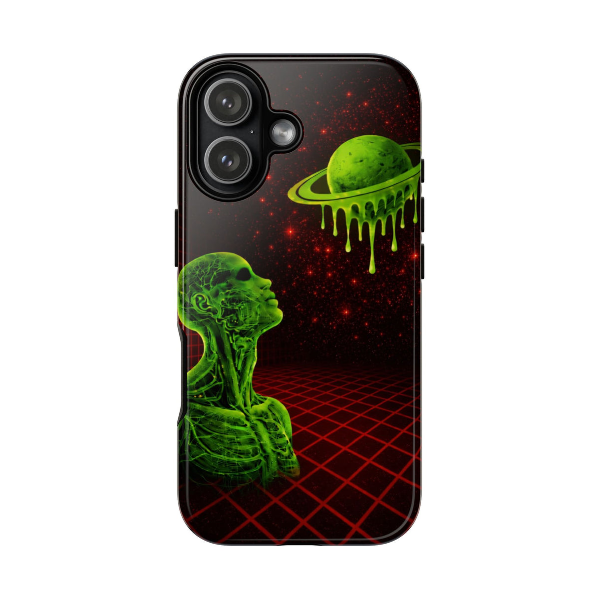 Glowing green anatomical bust gazing up at a dripping Saturn-like planet over a red grid and star-speckled space background on a black phone case.