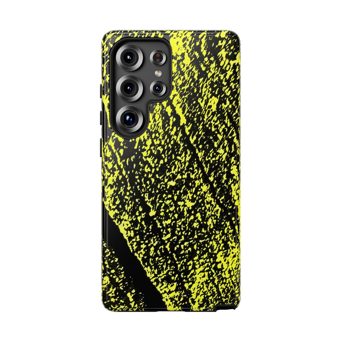 A protective phone case featuring a high-contrast black and neon yellow abstract paint splatter pattern, shown on a plain white background.