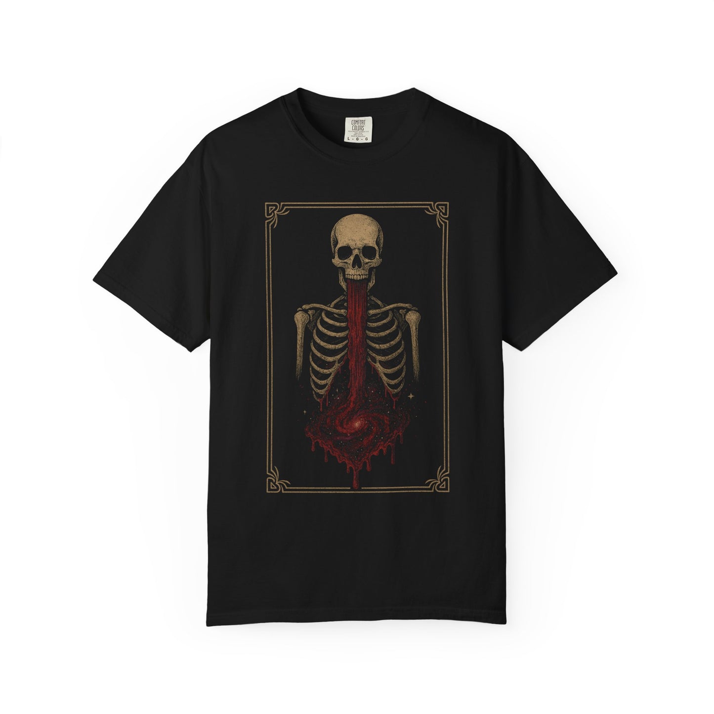 Spewed horror graphic t-shirt by NecroGrip. Distressed skeletal design on black Comfort Colors tee, gothic streetwear.