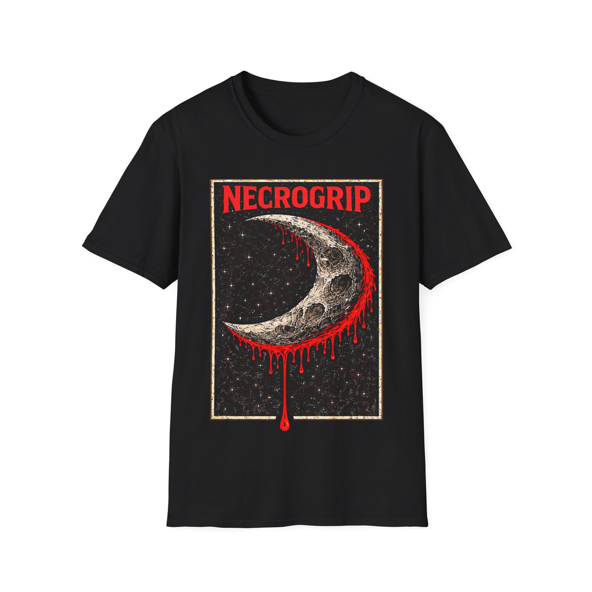 Flatlay of the NecroGrip Crimson Crescent graphic on a black Gildan Softstyle t-shirt, featuring a cracked crescent moon with red blood drips and a vintage-style starfield frame.