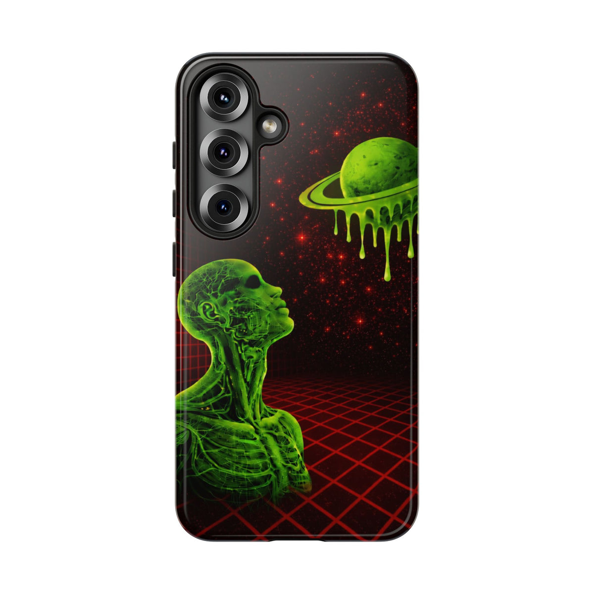 Glowing green anatomical bust gazing up at a dripping Saturn-like planet over a red grid and star-speckled space background on a black phone case.