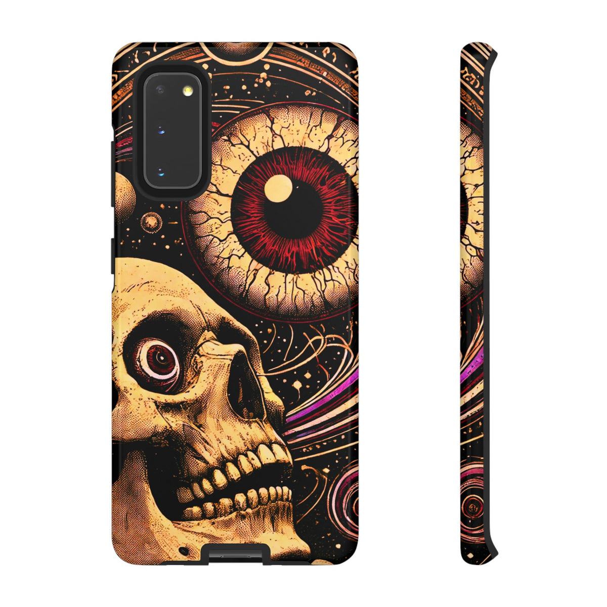 Impact-resistant tough phone case featuring a dark cosmic skull and eye design on a durable dual-layer shell by NecroGrip.