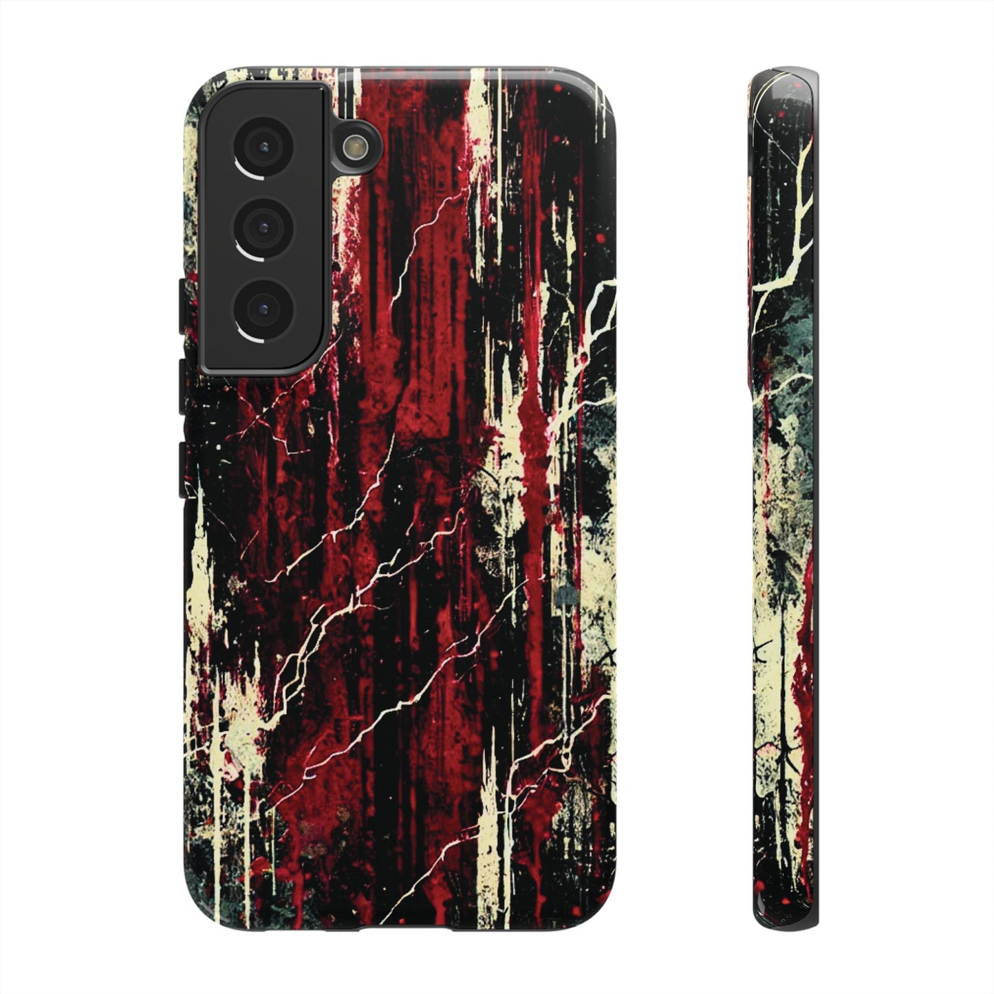 Corrosive impact-resistant phone case with distressed red, black, and bone-white design for iPhone, Samsung, and Google Pixel by NecroGrip.