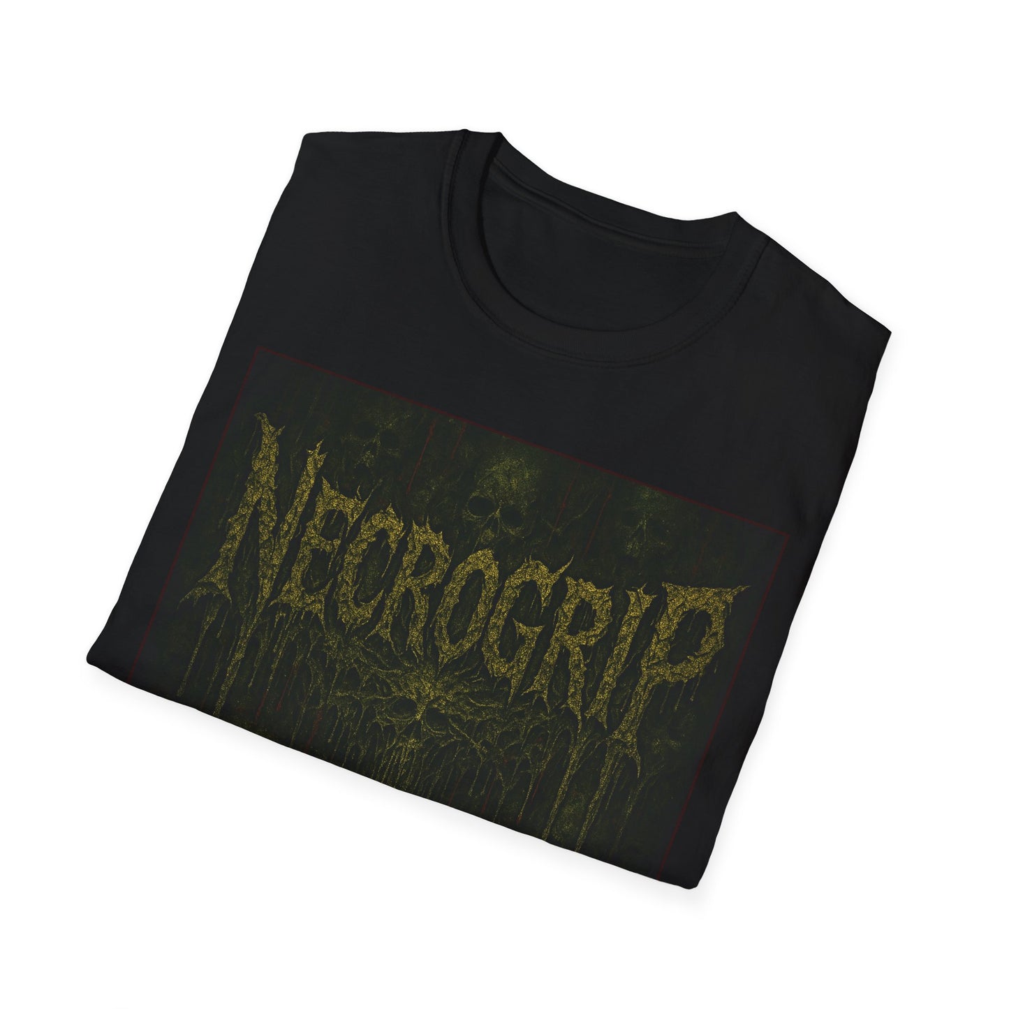 Folded view of Muddled horror t-shirt by NecroGrip. Distorted skull graphic on soft black Comfort Colors tee.