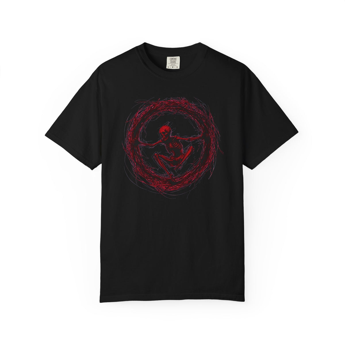 Black T-shirt with a red skeletal figure curled inside a chaotic crimson ring, printed on the chest.