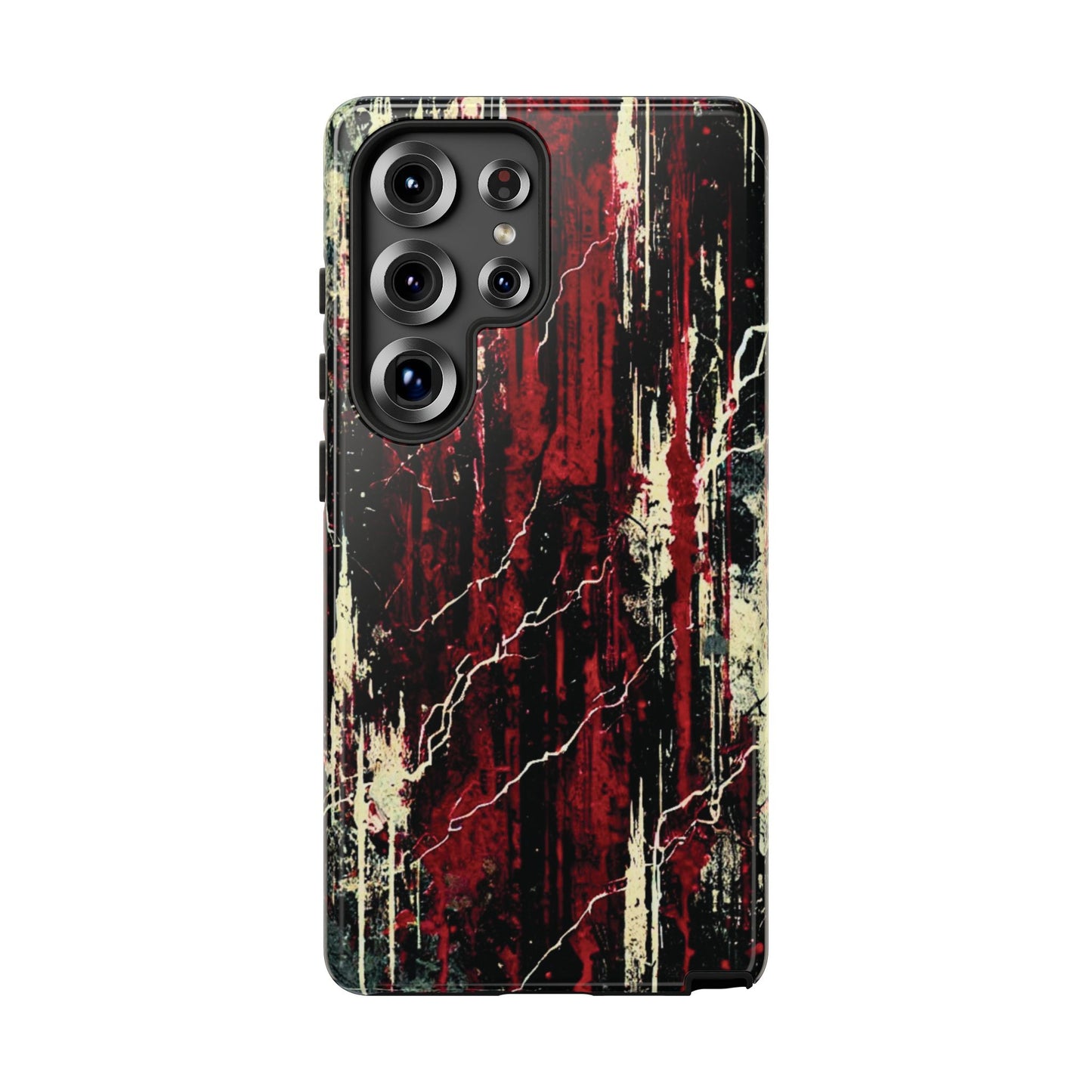 Corrosive impact-resistant phone case with distressed red, black, and bone-white design for iPhone, Samsung, and Google Pixel by NecroGrip.