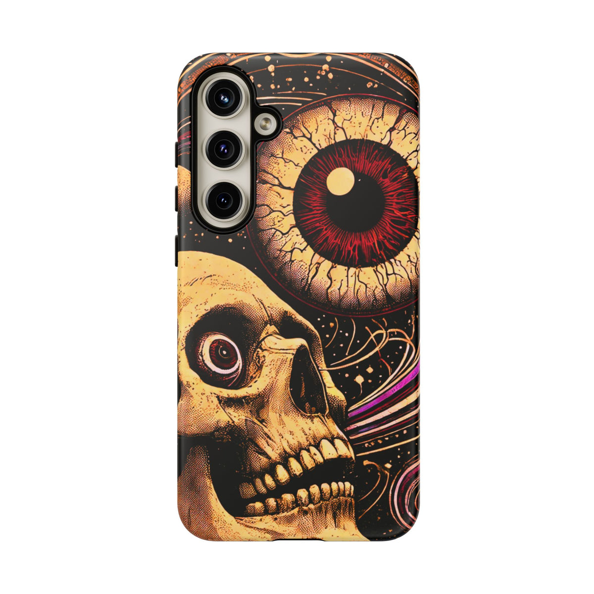 Impact-resistant tough phone case featuring a dark cosmic skull and eye design on a durable dual-layer shell by NecroGrip.