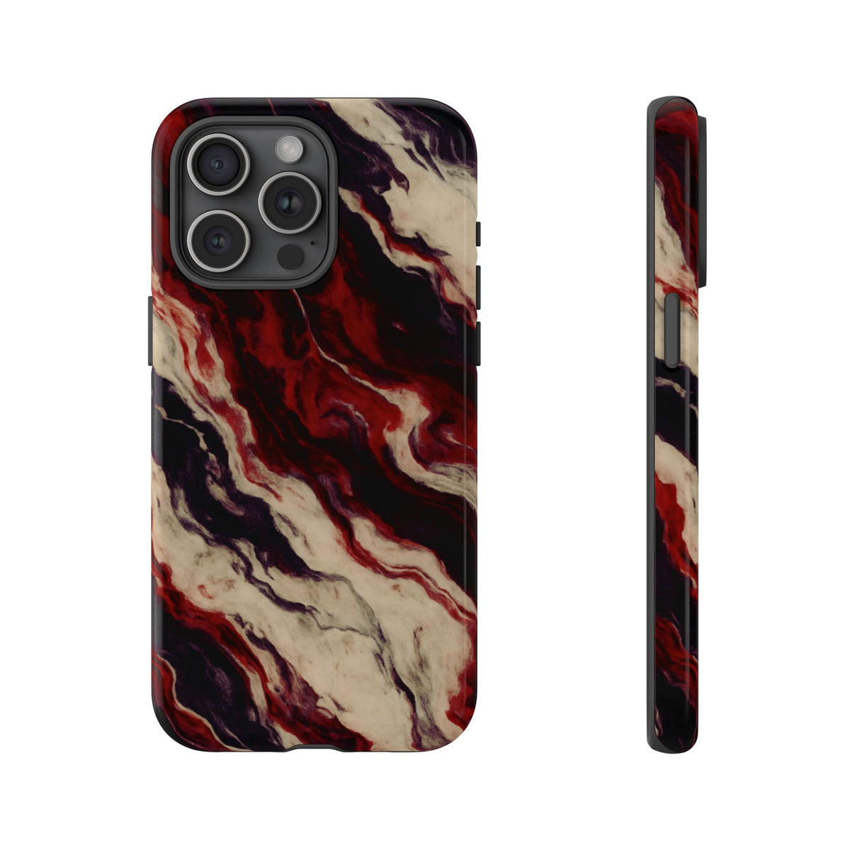NecroGrip “Fascia” impact-resistant phone case with red, bone, and black marbled streaks, abstract muscle-like pattern on a slim dual-layer shell.