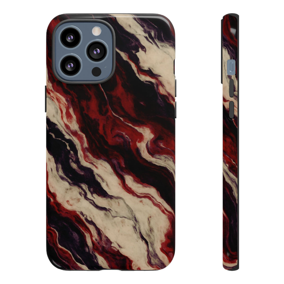 NecroGrip “Fascia” impact-resistant phone case with red, bone, and black marbled streaks, abstract muscle-like pattern on a slim dual-layer shell.