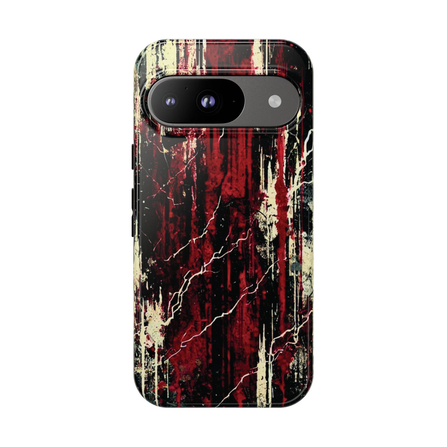 Corrosive impact-resistant phone case with distressed red, black, and bone-white design for iPhone, Samsung, and Google Pixel by NecroGrip.