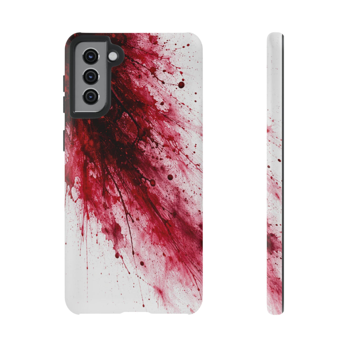 Phone case with red and white abstract design on a white background