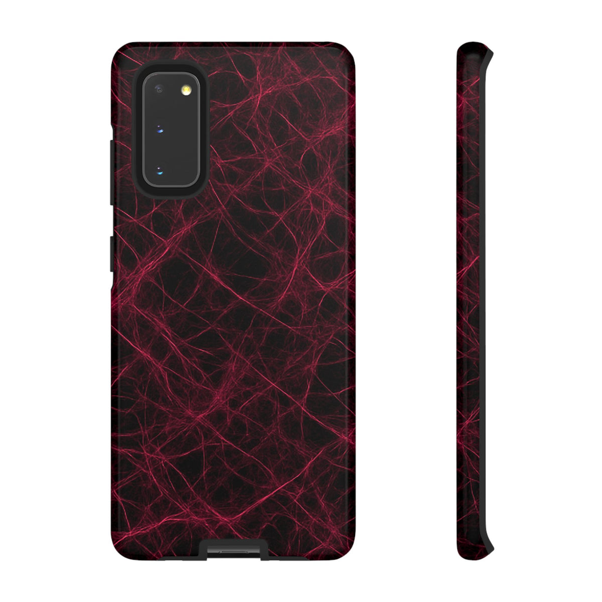 Crimson Synapse abstract pattern of tangled red filaments on a black background, resembling a glowing neural network.