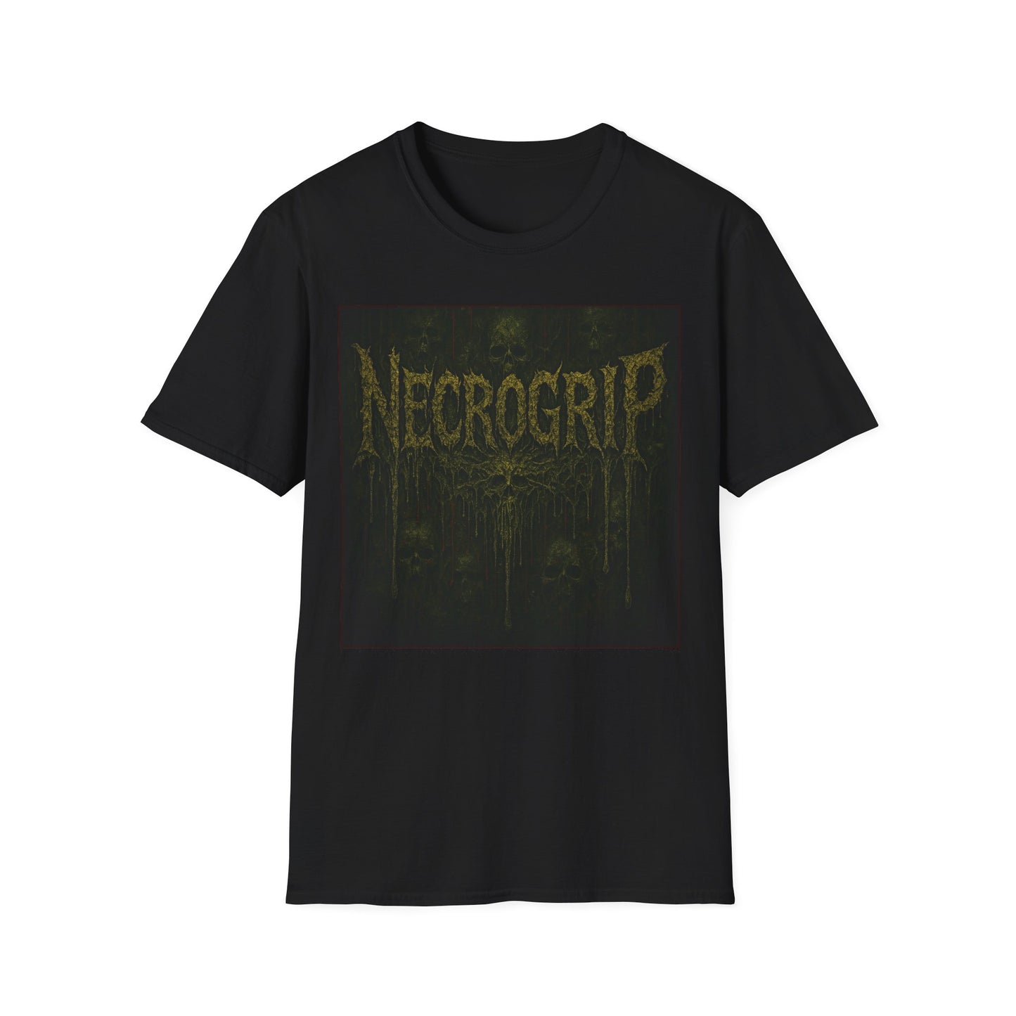 Muddled horror graphic t-shirt by NecroGrip. Distressed skeletal design on black Comfort Colors tee, gothic streetwear.
