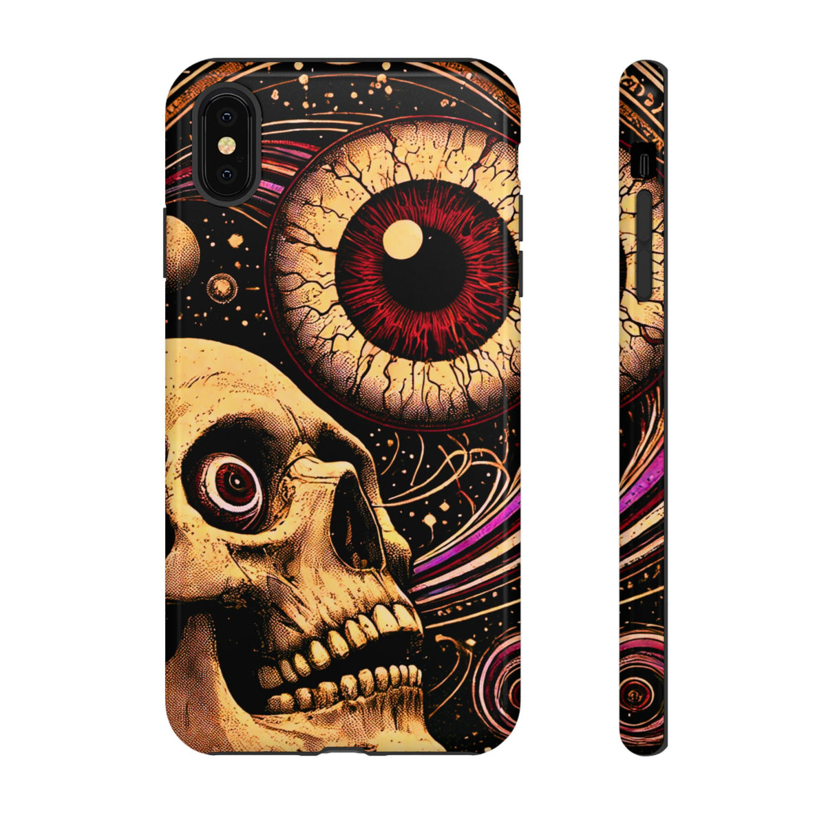 Impact-resistant tough phone case featuring a dark cosmic skull and eye design on a durable dual-layer shell by NecroGrip.