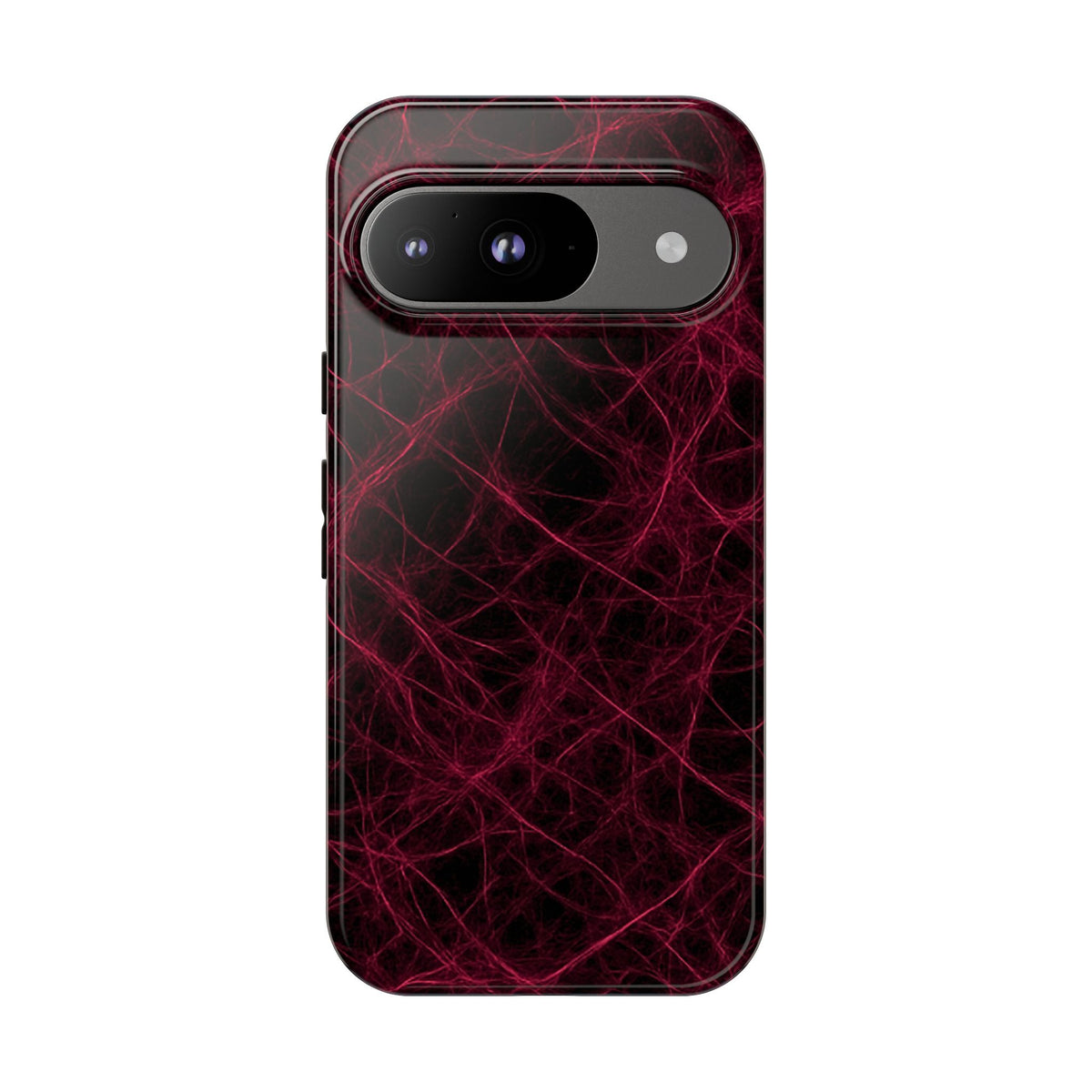 Crimson Synapse abstract pattern of tangled red filaments on a black background, resembling a glowing neural network.