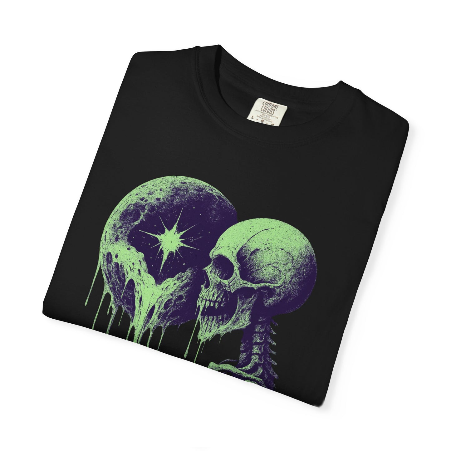 Folded black NecroGrip t-shirt featuring a close-up of a neon green skeleton and melting moon graphic, printed on Comfort Colors cotton.