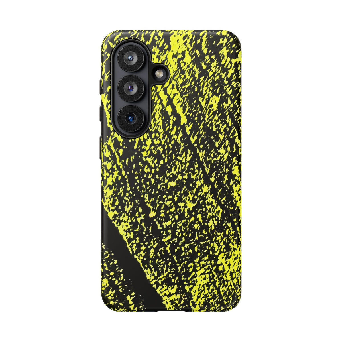 Bloom to Consume protective phone case featuring a black and toxic yellow organic decay pattern.