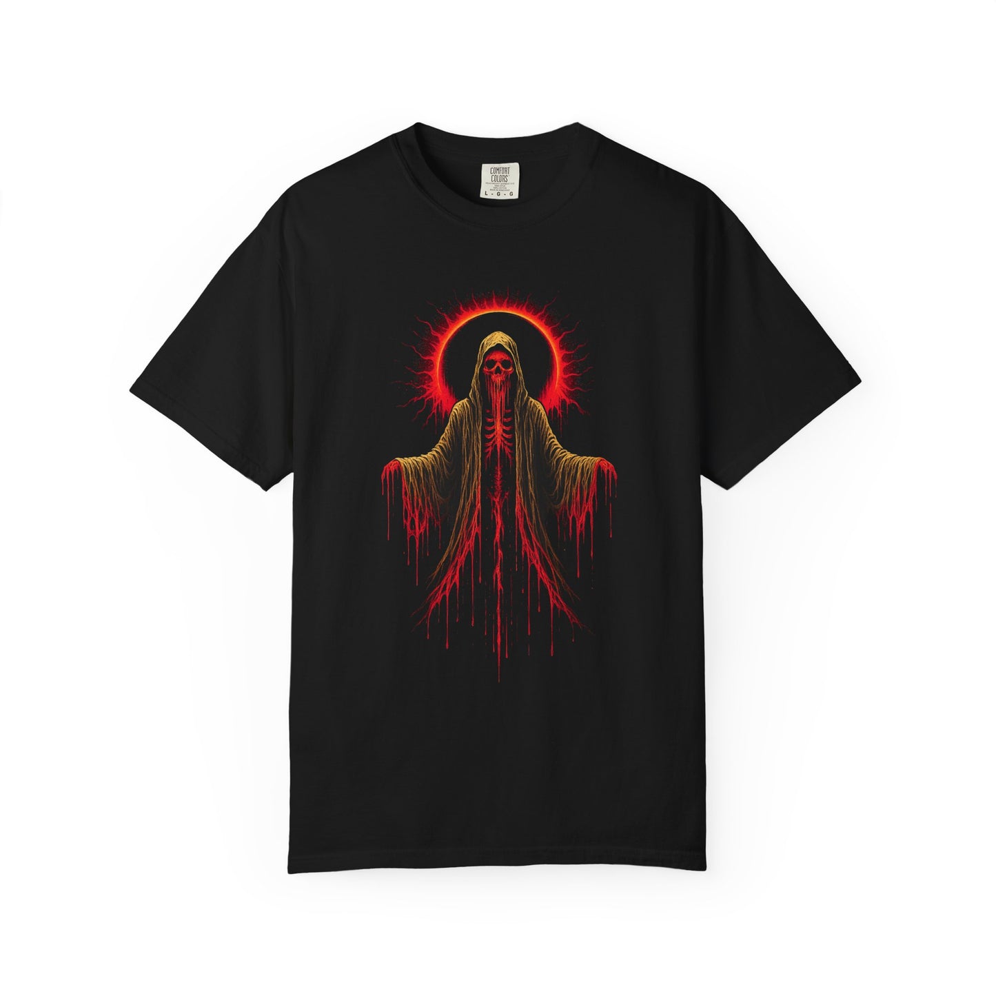 Ecliptic Rot Comfort Colors t-shirt by NecroGrip. Washed black heavyweight cotton with skeletal eclipse design printed on the front.