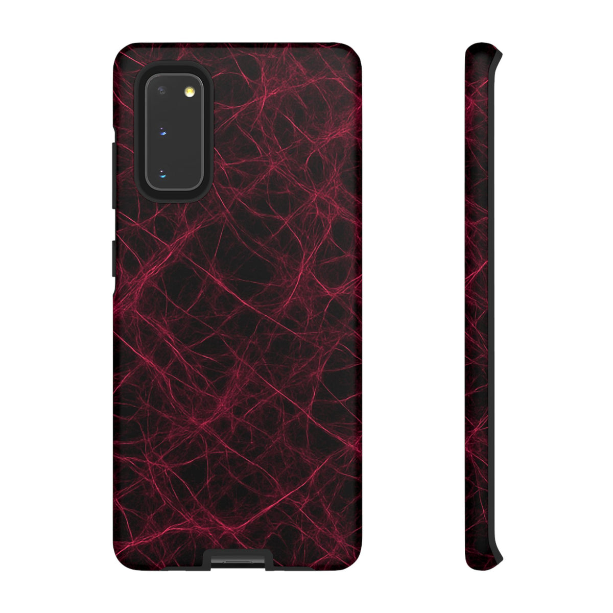 Phone case with red and black abstract pattern on a white background