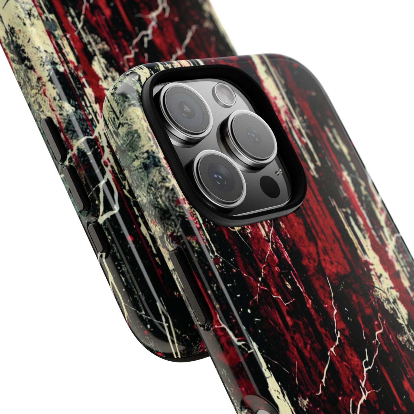 Corrosive impact-resistant phone case with distressed red, black, and bone-white design for iPhone, Samsung, and Google Pixel by NecroGrip.