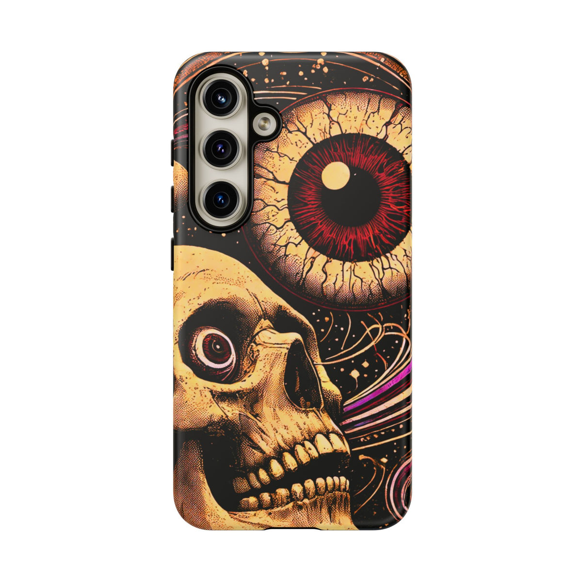 Impact-resistant tough phone case featuring a dark cosmic skull and eye design on a durable dual-layer shell by NecroGrip.