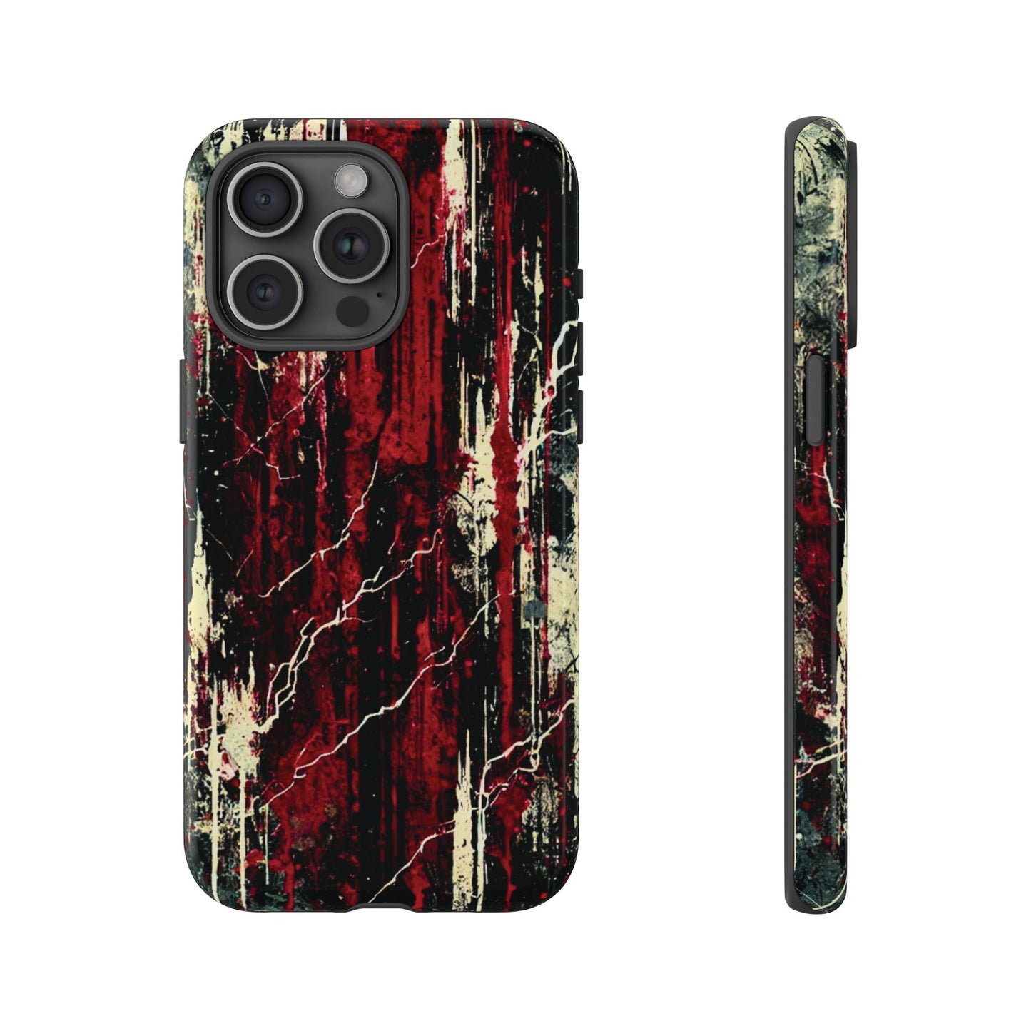 Corrosive impact-resistant phone case with distressed red, black, and bone-white design for iPhone, Samsung, and Google Pixel by NecroGrip.