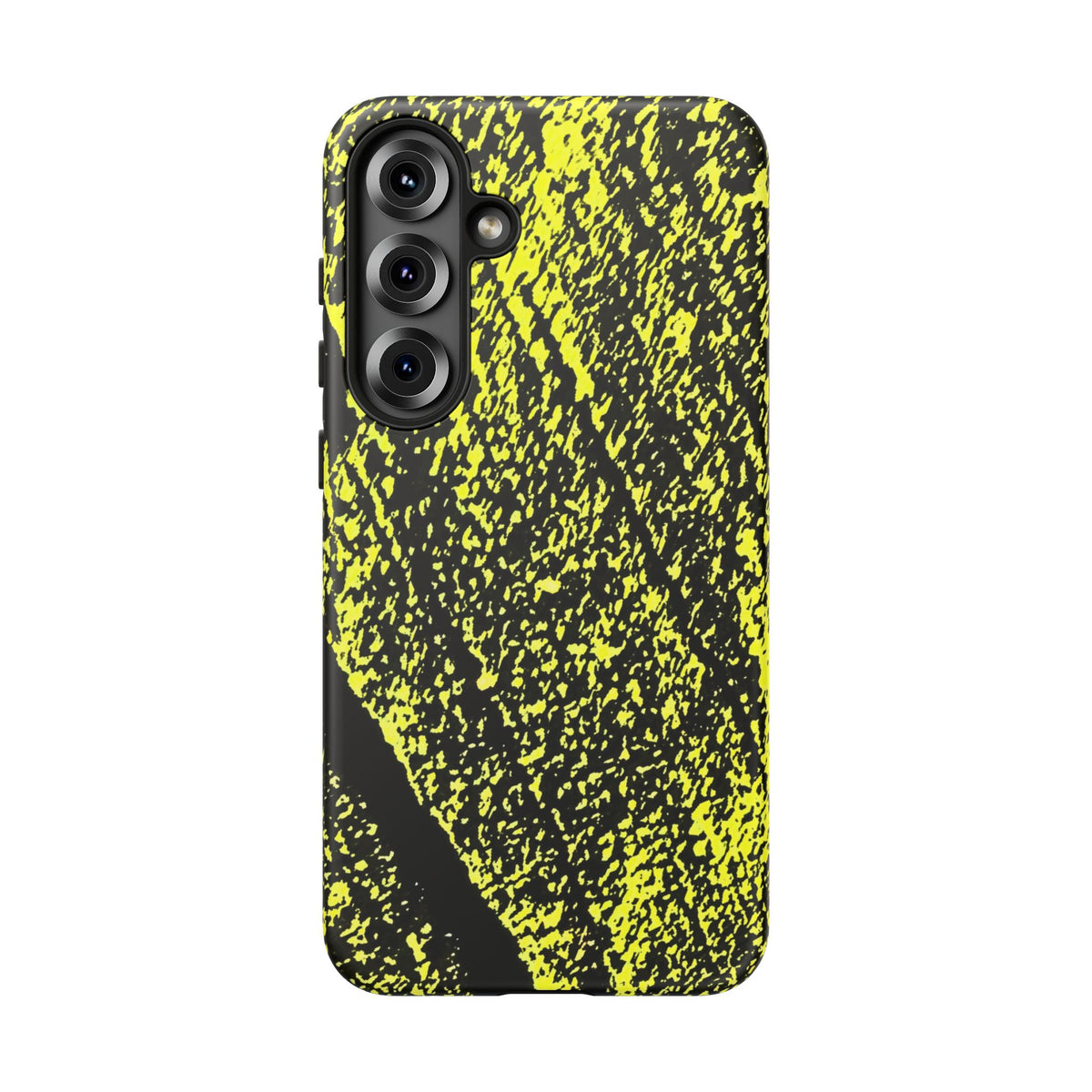 A protective phone case featuring a high-contrast black and neon yellow abstract textured pattern, shown on a plain white background.