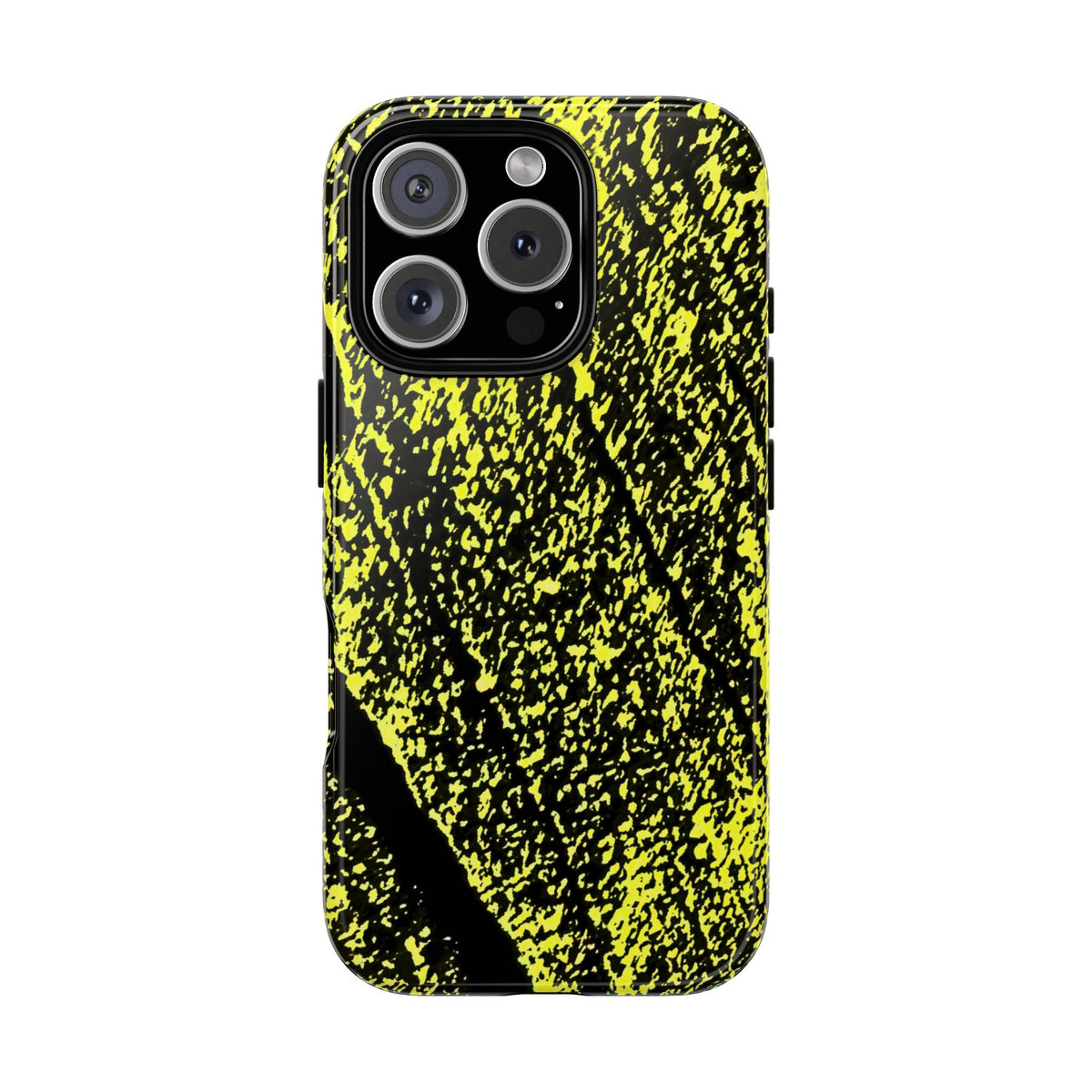 A protective phone case featuring a high-contrast black and neon yellow splatter pattern, shown on a clean white background.