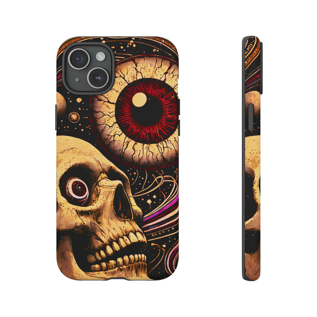 Impact-resistant tough phone case featuring a dark cosmic skull and eye design on a durable dual-layer shell by NecroGrip.