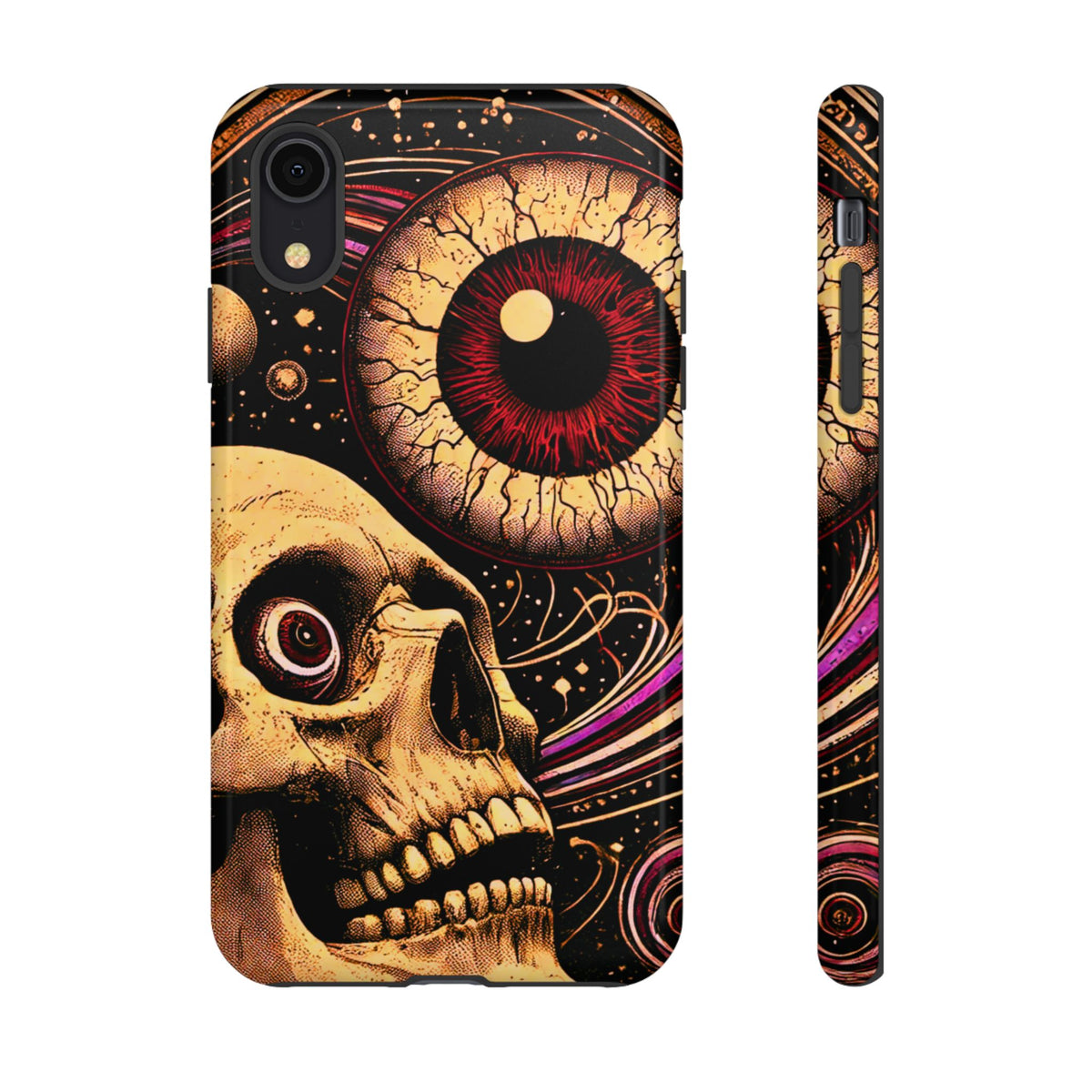 Impact-resistant tough phone case featuring a dark cosmic skull and eye design on a durable dual-layer shell by NecroGrip.