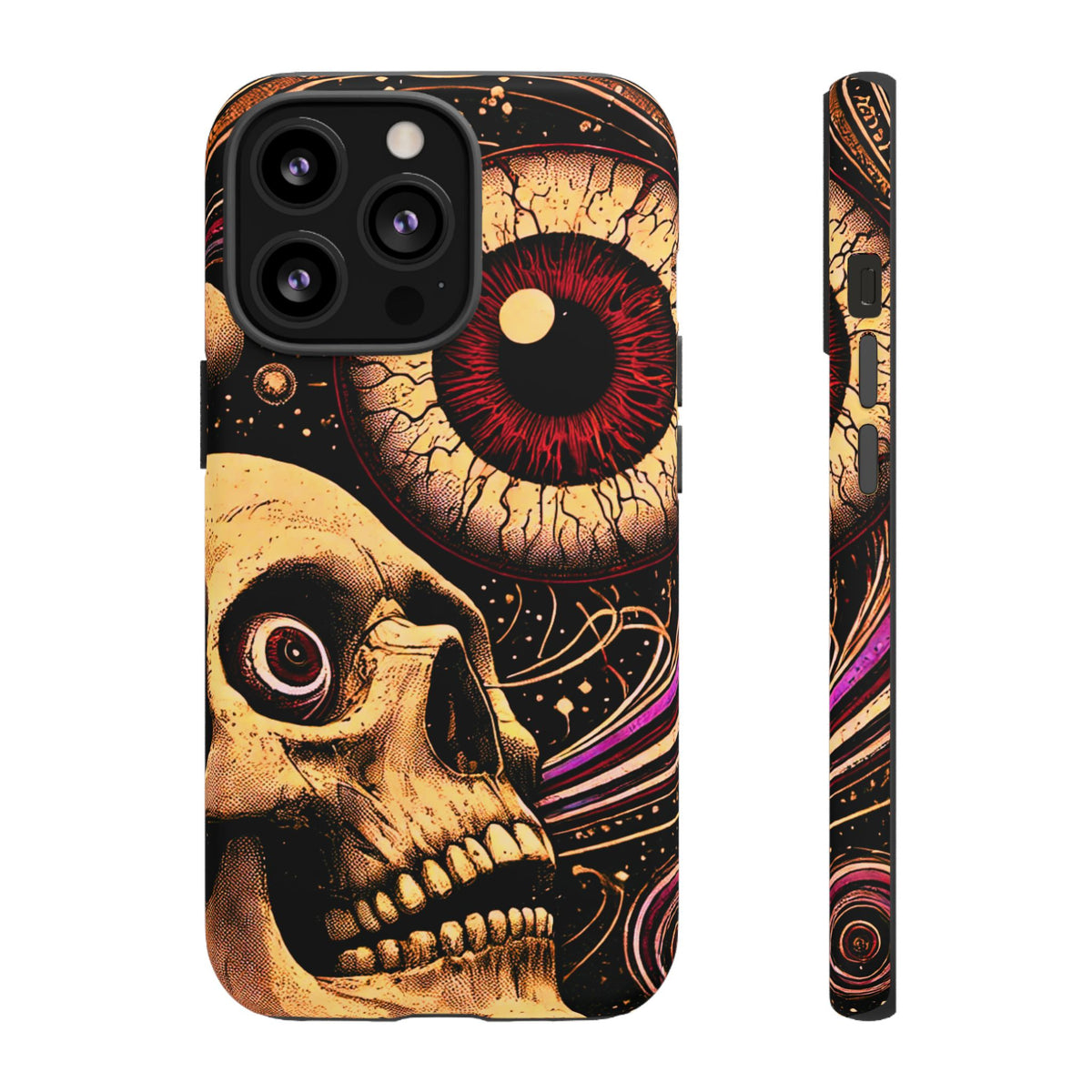 Impact-resistant tough phone case featuring a dark cosmic skull and eye design on a durable dual-layer shell by NecroGrip.