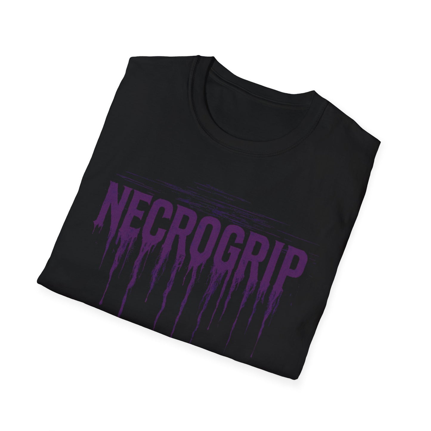 NecroGrip Drip Logo Tee — bold purple rotwear logo design on black t-shirt — glitch-streaked print — streetwear for the dead cool.