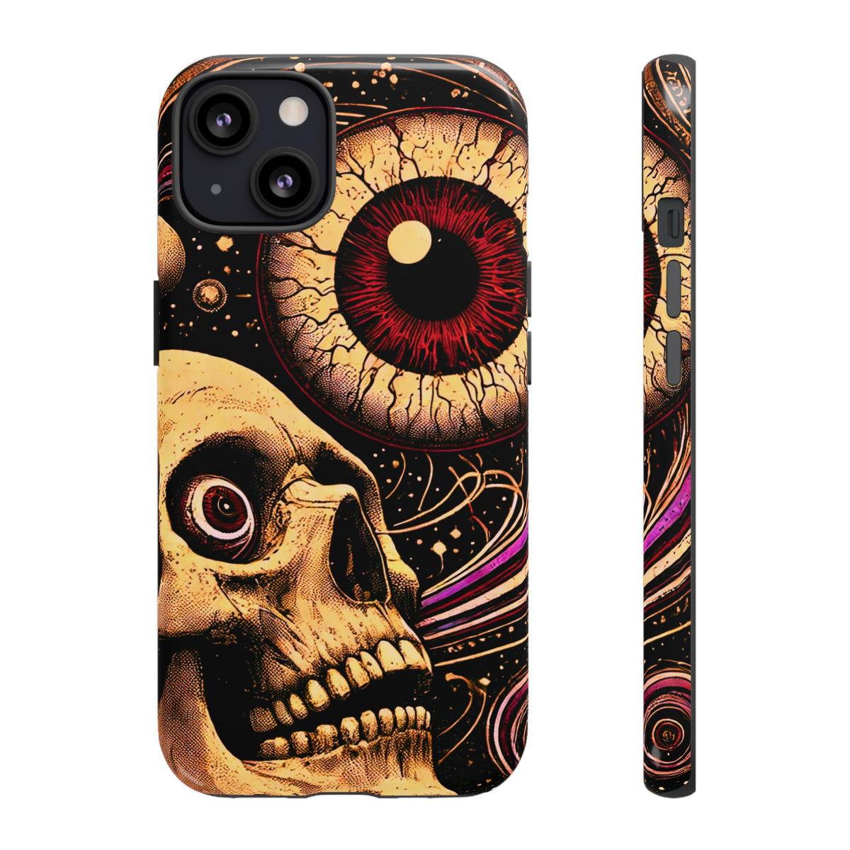 Impact-resistant tough phone case featuring a dark cosmic skull and eye design on a durable dual-layer shell by NecroGrip.