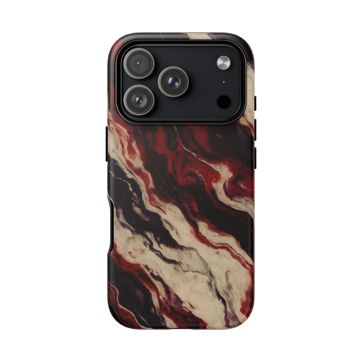 NecroGrip “Fascia” impact-resistant phone case with red, bone, and black marbled streaks, abstract muscle-like pattern on a slim dual-layer shell.