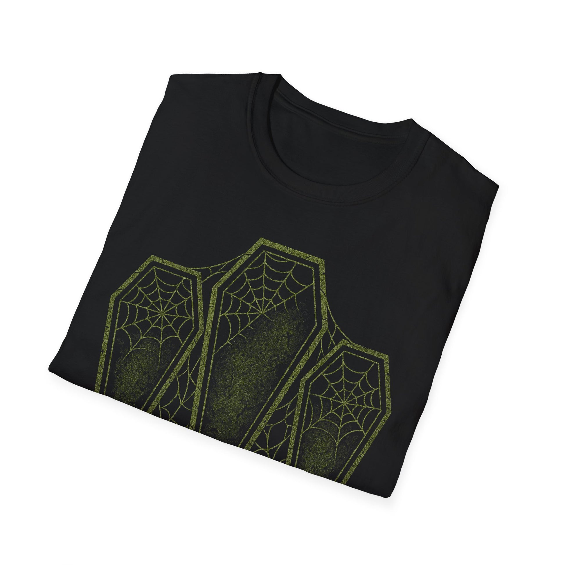 Folded black NecroGrip t-shirt displaying three neon green coffin graphics entangled in a webbed pattern — minimalist horror streetwear.