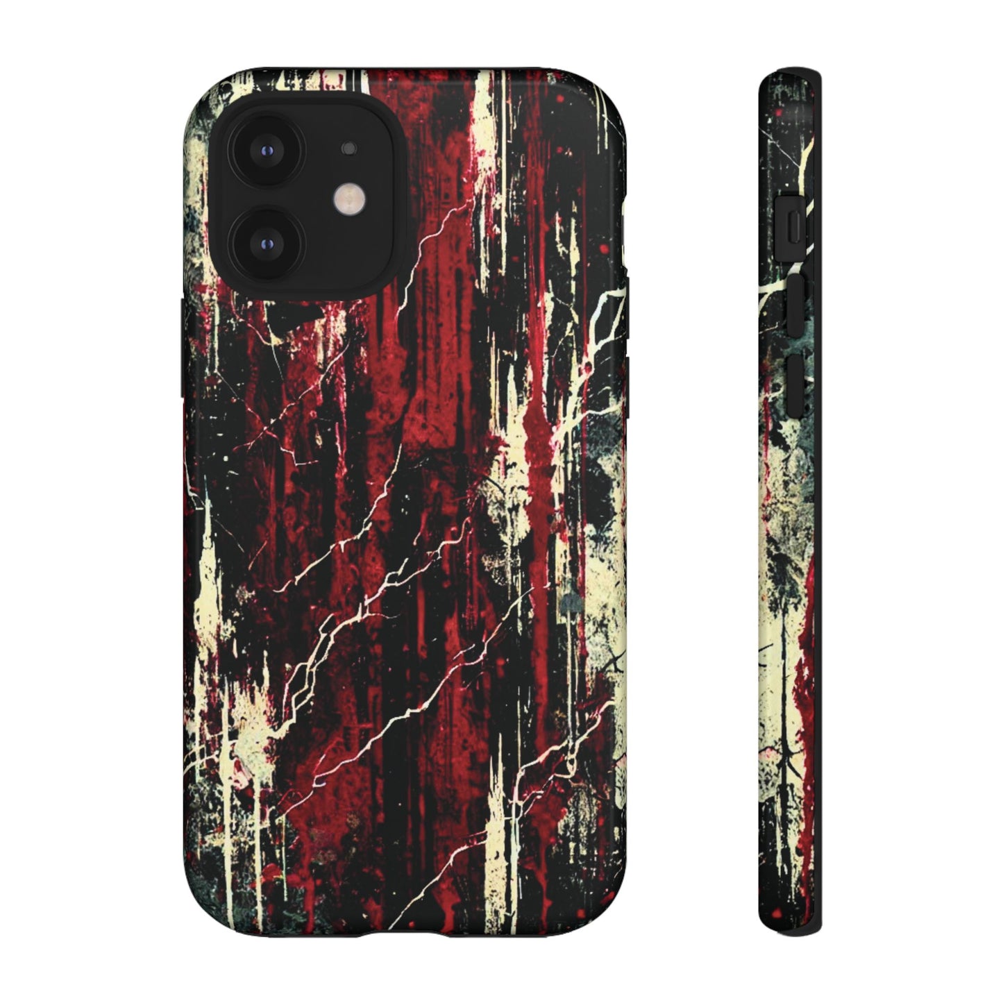 Corrosive impact-resistant phone case with distressed red, black, and bone-white design for iPhone, Samsung, and Google Pixel by NecroGrip.