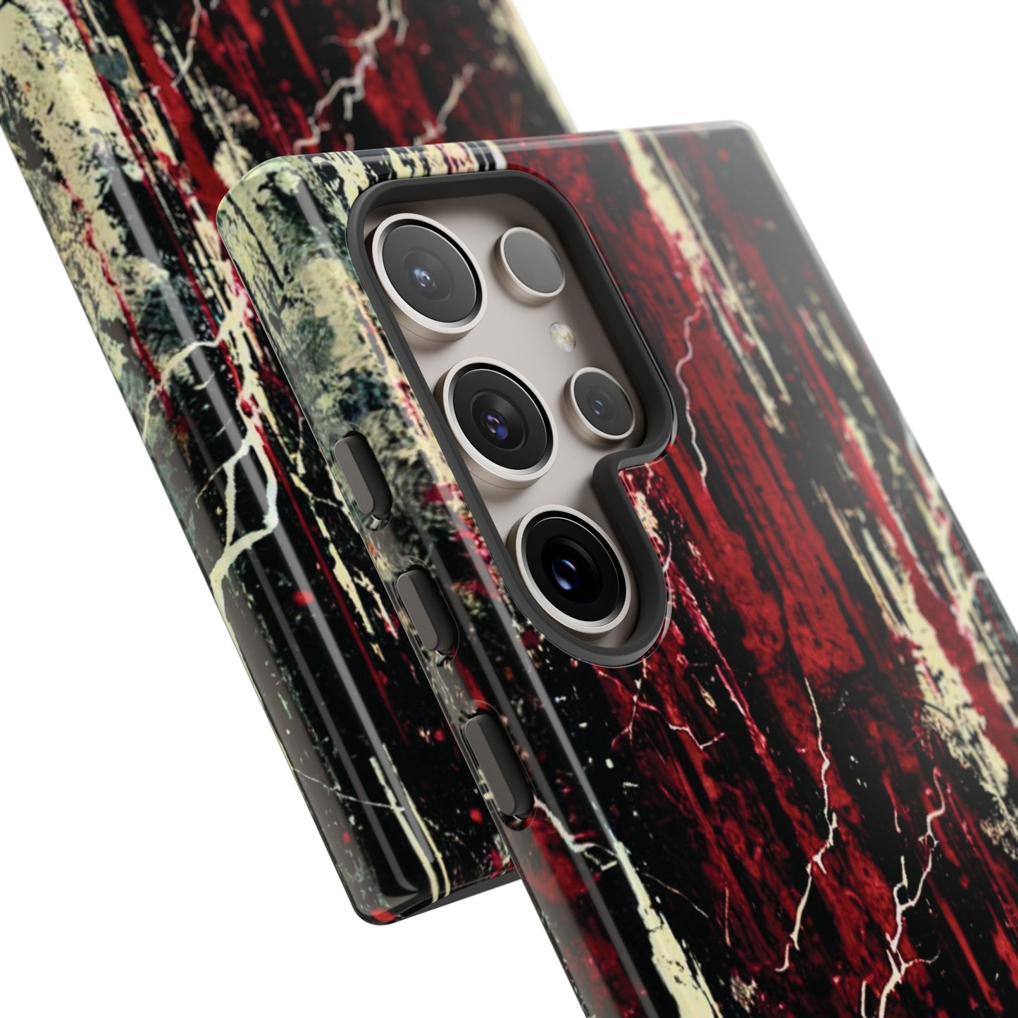 Corrosive impact-resistant phone case with distressed red, black, and bone-white design for iPhone, Samsung, and Google Pixel by NecroGrip.