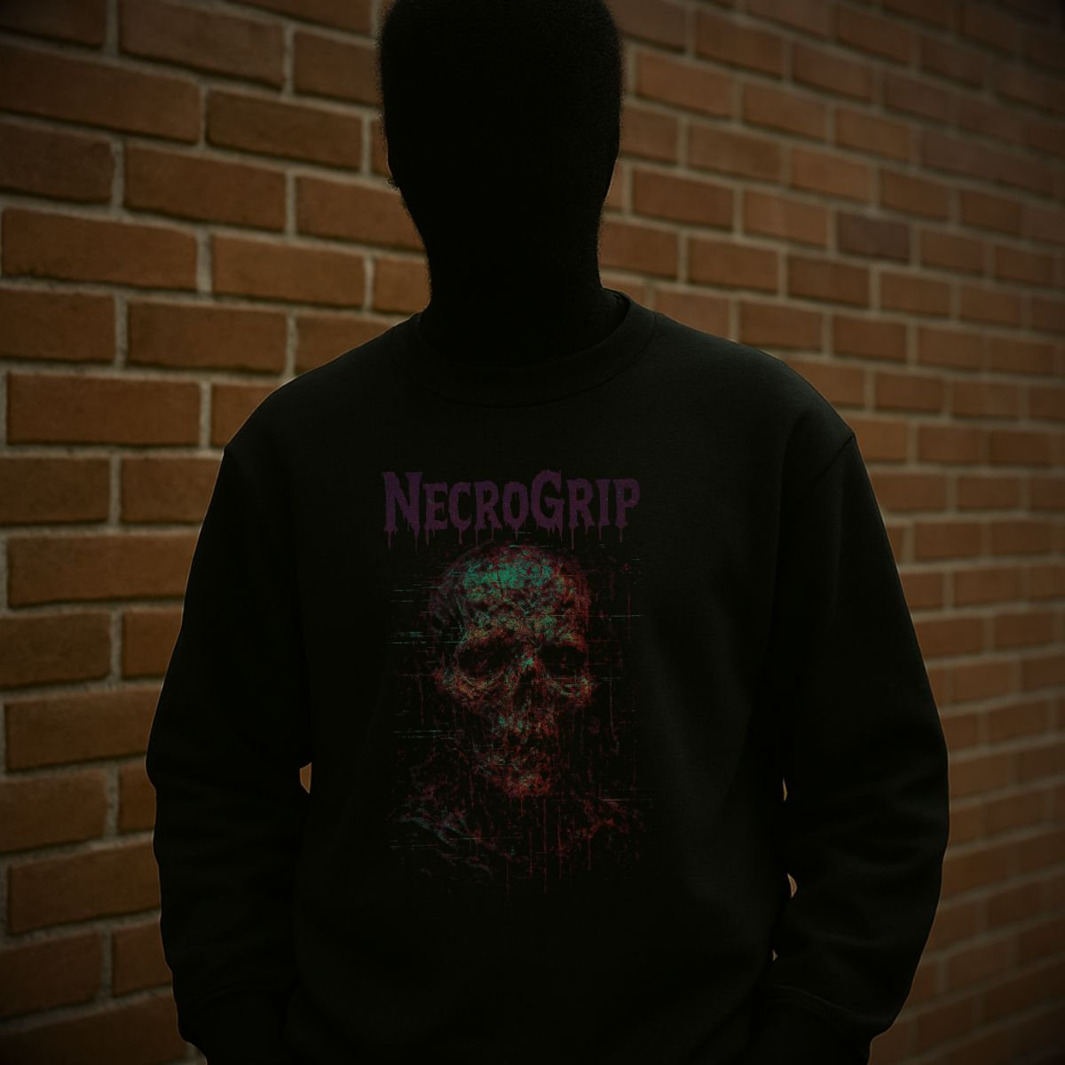 Void model wearing Rotten Signal black long sleeve tee with fractured glitch skull design, standing against brick wall, dark aesthetic.