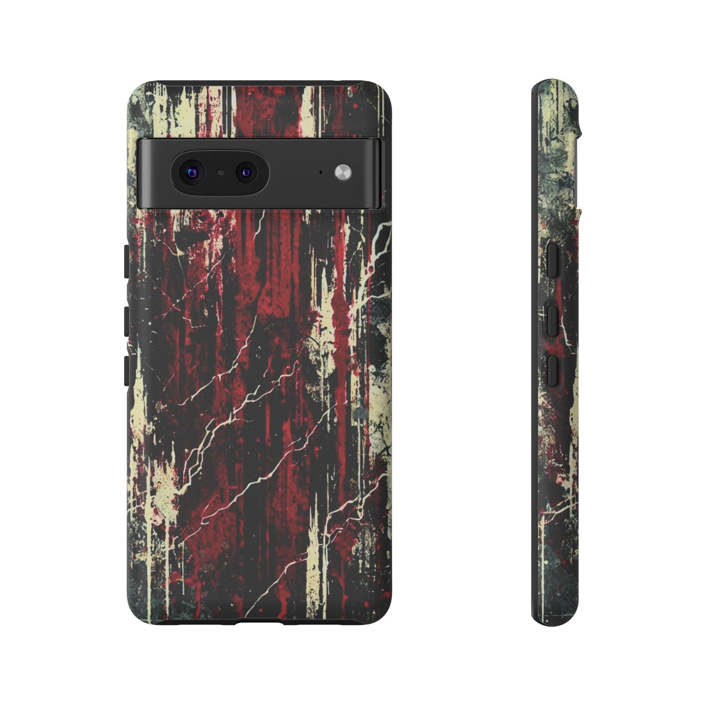 Corrosive impact-resistant phone case with distressed red, black, and bone-white design for iPhone, Samsung, and Google Pixel by NecroGrip.