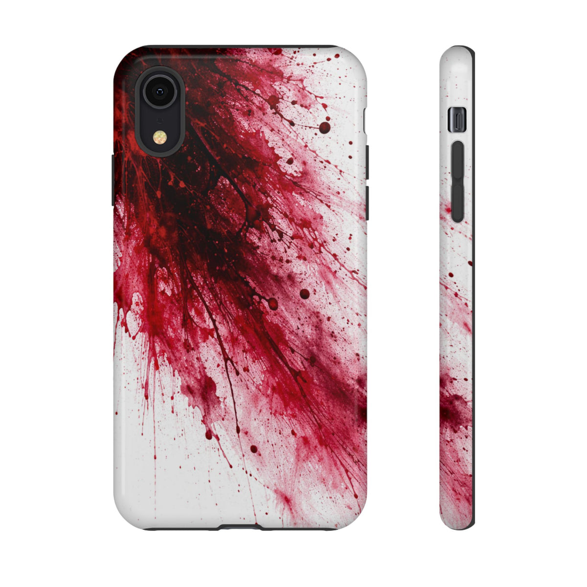 Phone case with red and white abstract design on a white background